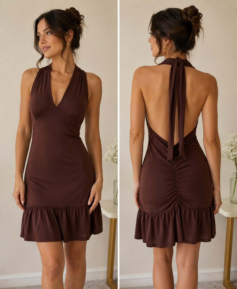 Shein Brown Halter Neck Ruched Ruffle Hem Mini Dress Size S